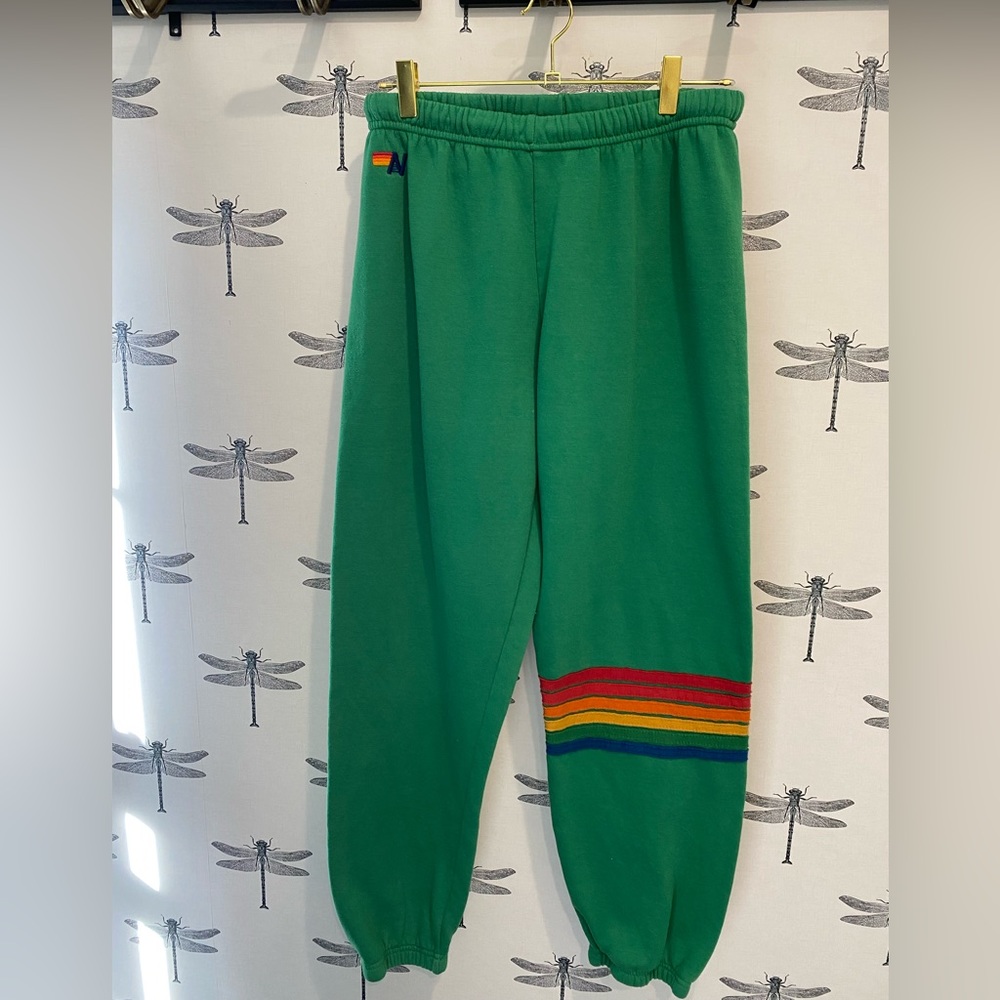 Aviator Nation XL sweatpants, green with stripes.